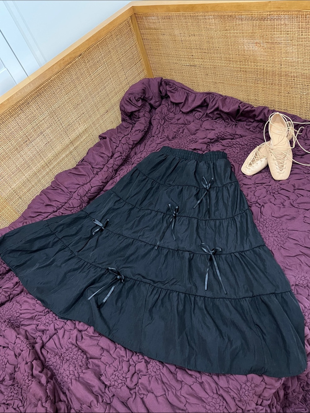 Black Tiered Midi Skirt with Ribbons 🎀
